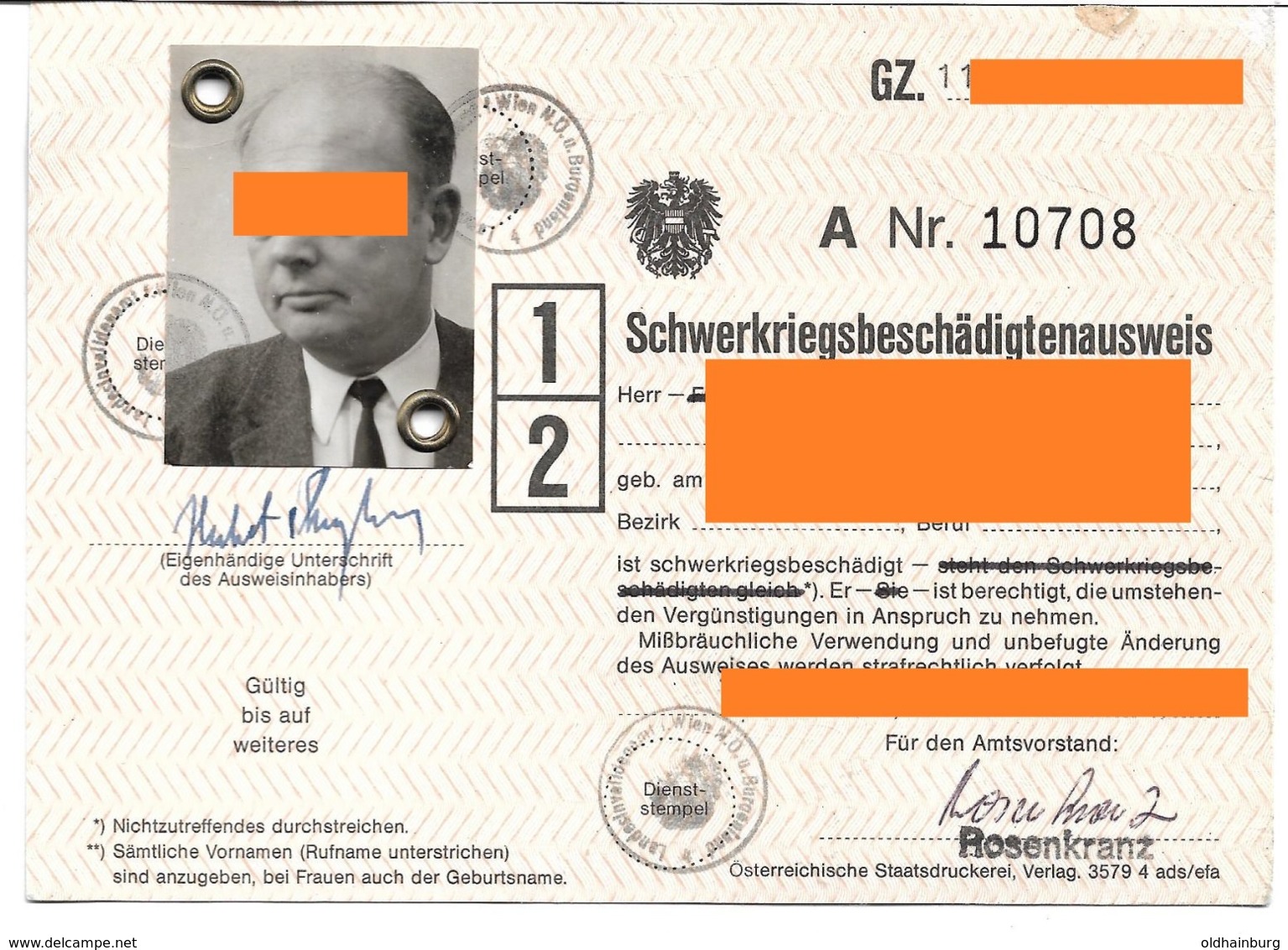 1617p: Nachkriegs- Österreich Schwerkriegsbeschädigtenausweis Ausgestellt 1986 - WO2