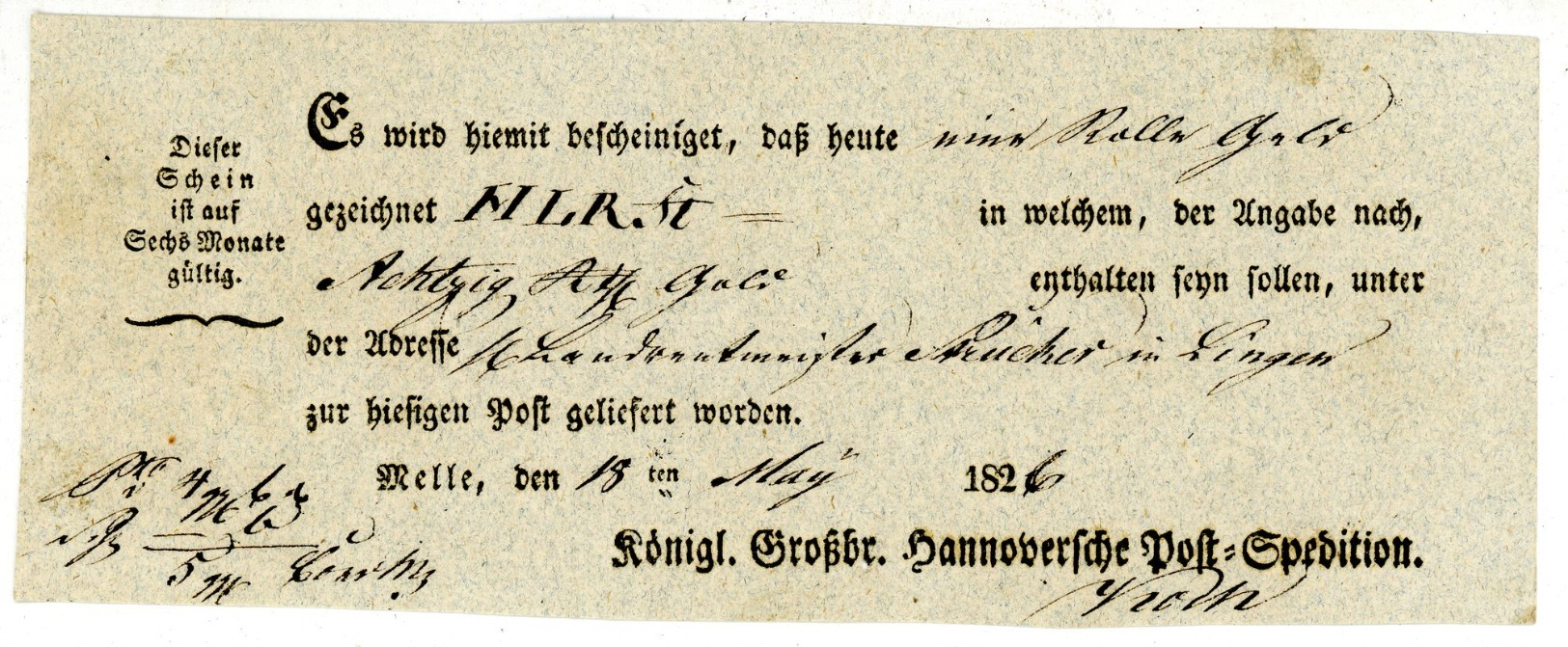 "MELLE" Weidlich Nr. 2 Postschein 1826 über "1 Rolle Geld" - Vorphilatelie