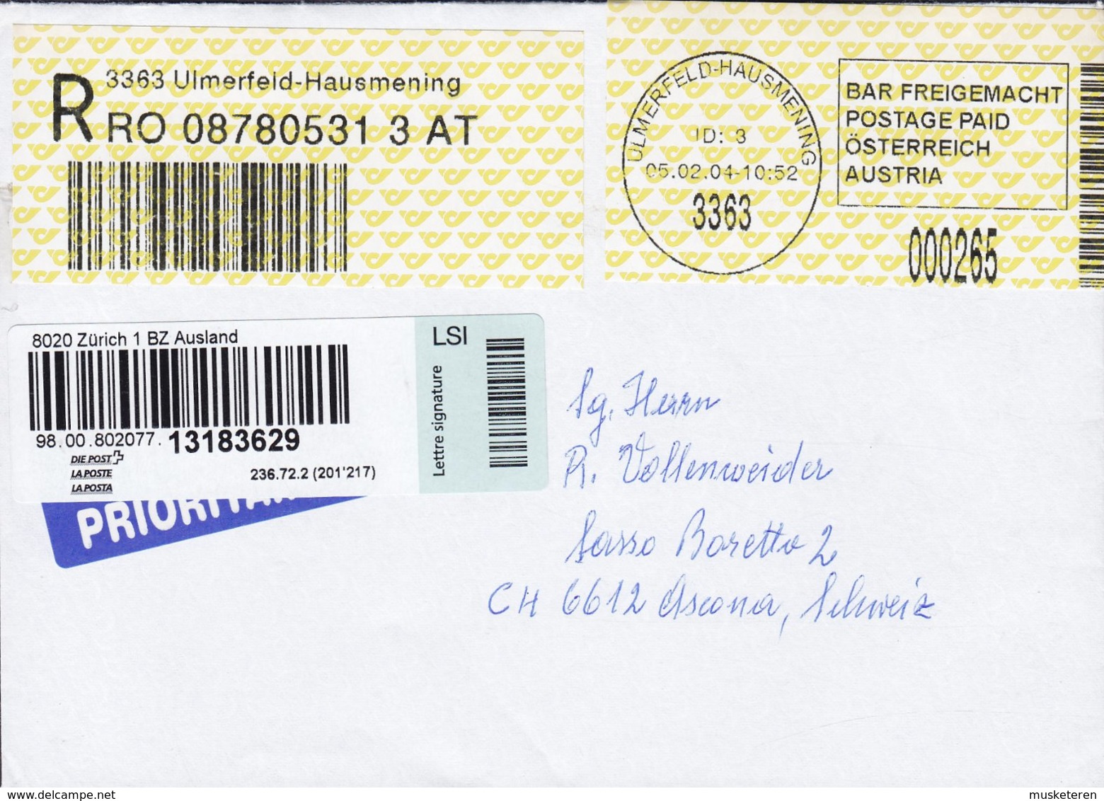 Austria Registered Einschreiben Label ULMERFELD-HAUSMENING 2004 PP Bar Freigemacht Cover Brief ASCONA Schweiz - Briefe U. Dokumente