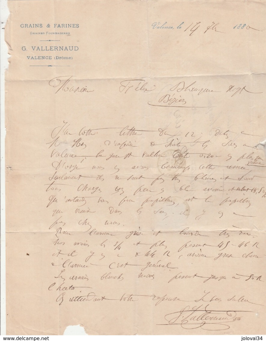 Yvert 90 Sage Lettre Entête VALLERNAUD Grains Farines Cachet GARE DE VALENCE Drôme 14/9/1880 à Béziers Hérault - 1877-1920: Periodo Semi Moderno