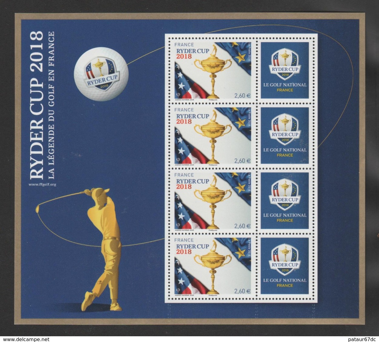 FRANCE / 2018 / Y&T N° 5245A ** En Bloc Ou BF N° 144 ** : Feuillet Ryder Cup (fond Bleu) X 1 - Variétés Dents Fantômes - Unused Stamps