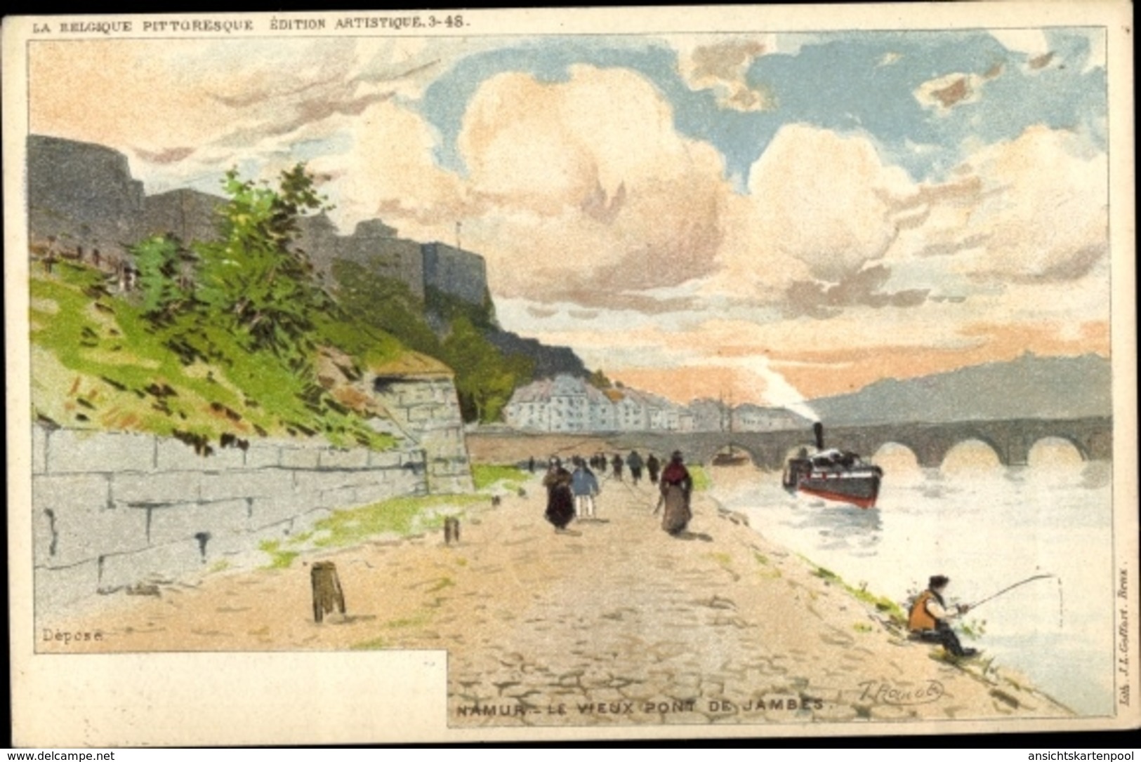 Artiste Lithographie Namur Wallonien, Le Vieux Pont De Jambes, Angler - Autres & Non Classés