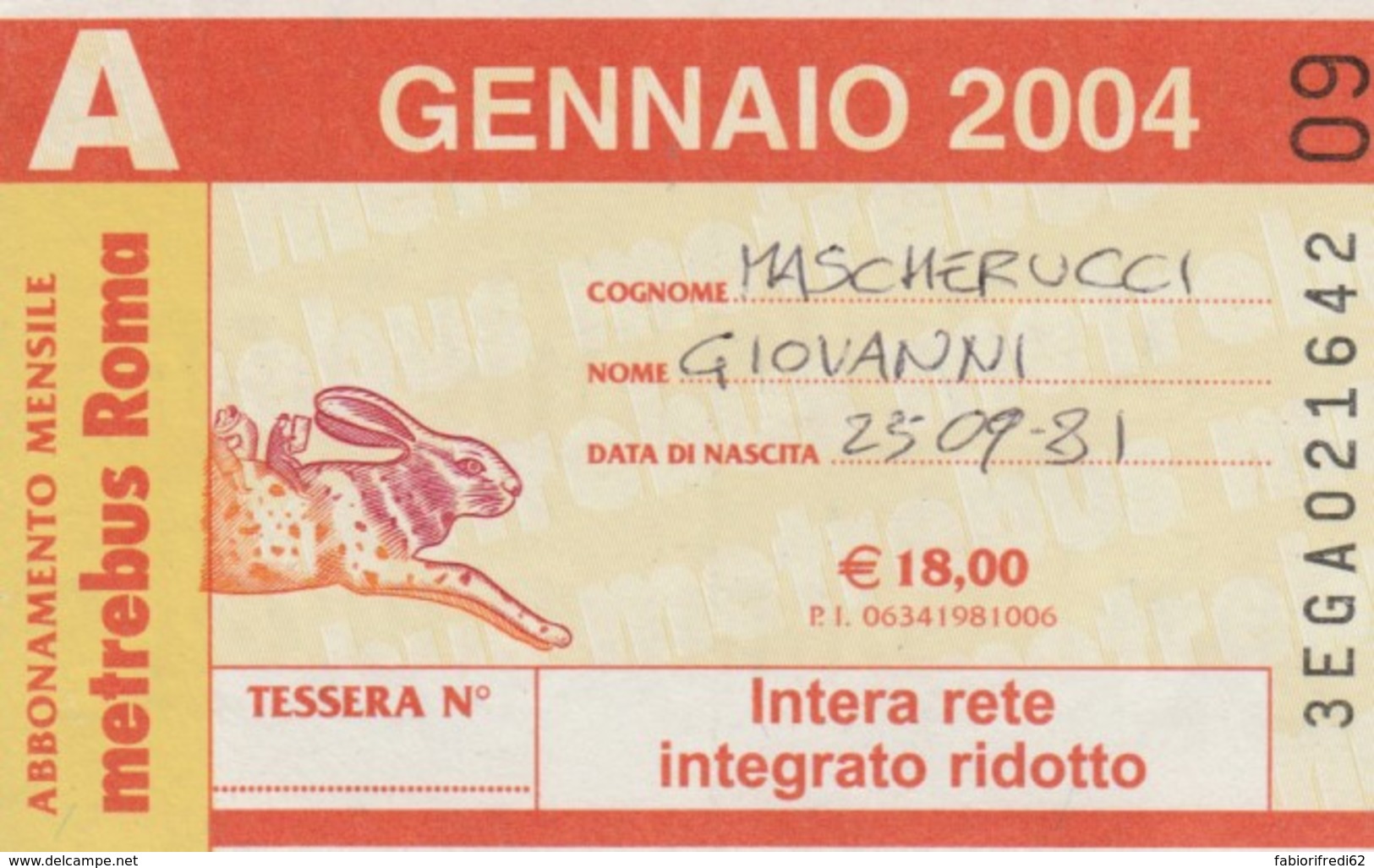 ABBONAMENTO ATAC ROMA GENNAIO 2004 (BK201 - Europe