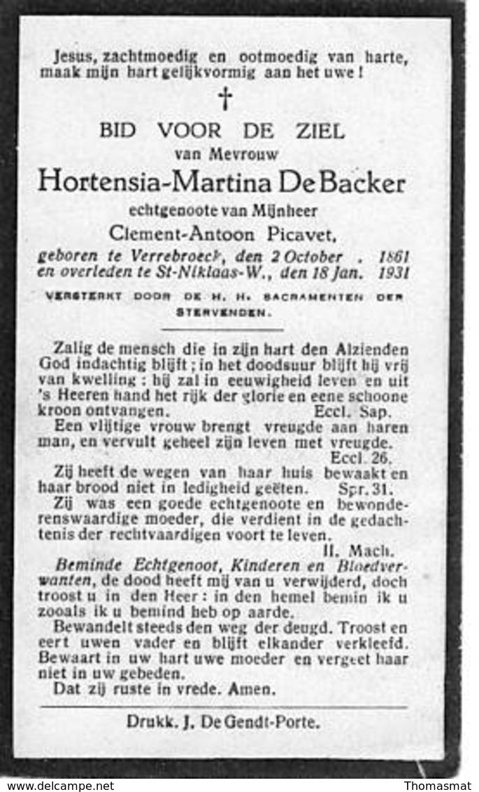 Bidprentje - Hortensia De Backer - Picavet - Verrebroeck - Sint Niklaas - Boda