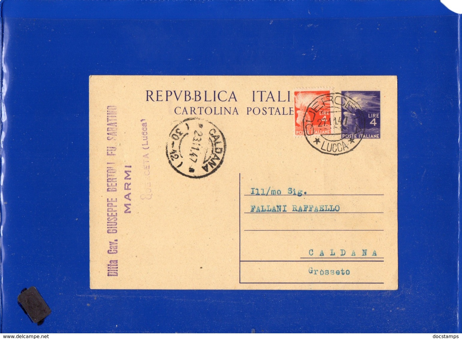 ##(DAN1911)-27-1-1947-Cartolina Postale L.4 Da Querceta (Lucca) Per Caldana (Grosseto) Frazionario 30-12, Gemello L.4 - 1946-60: Storia Postale