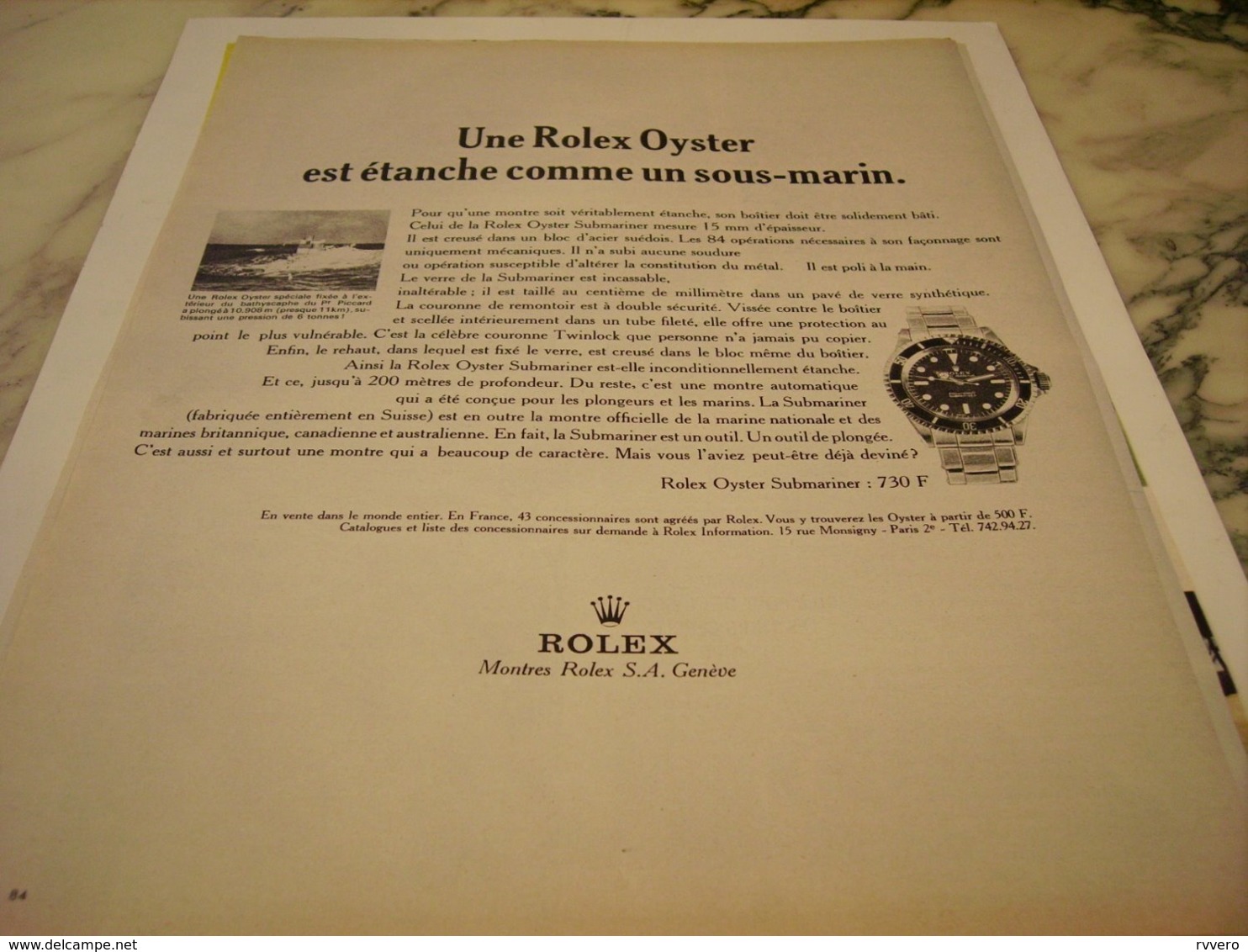 ANCIENNE PUBLICITE ETANCHE COMME UN SOUS MARIN  MONTRE ROLEX OYSTER  1966 - Andere & Zonder Classificatie