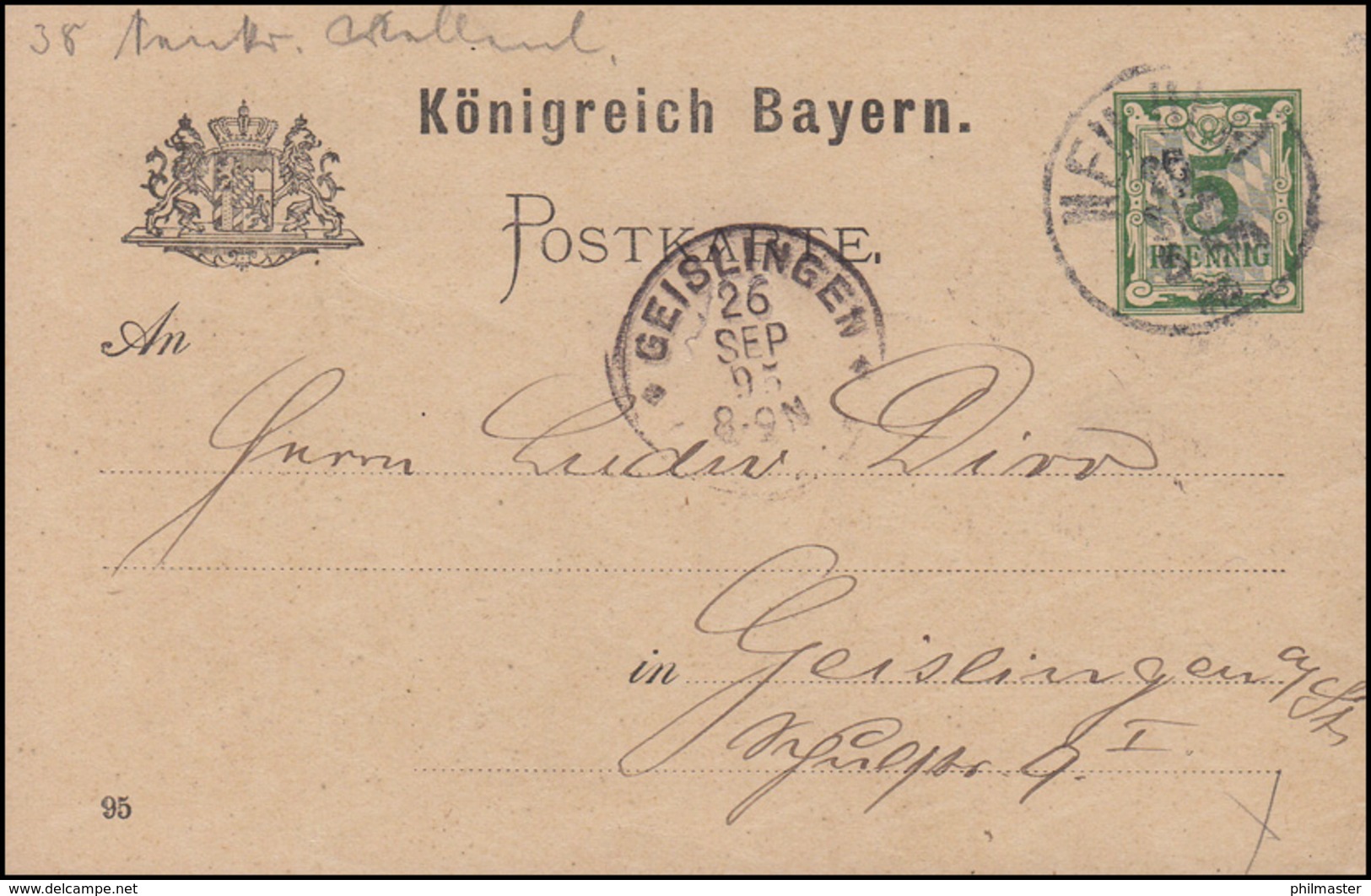 Bayern Postkarte Ziffer 5 Pf Grün DV 95: NEU ULM 26.9.95 Nach Geislingen 26.9.95 - Altri & Non Classificati