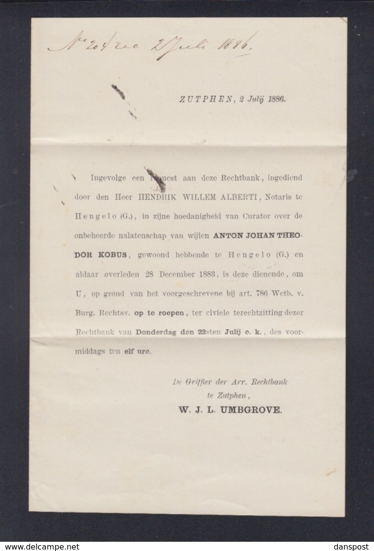 Brief Zutphen 1886 - Briefe U. Dokumente