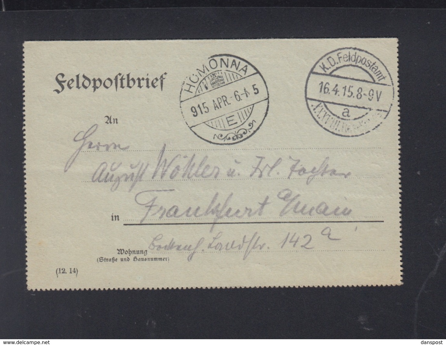 Slowakei Slovakia Dt. Feldpost 1915 Homona Nach Frankfurt - Cartas & Documentos