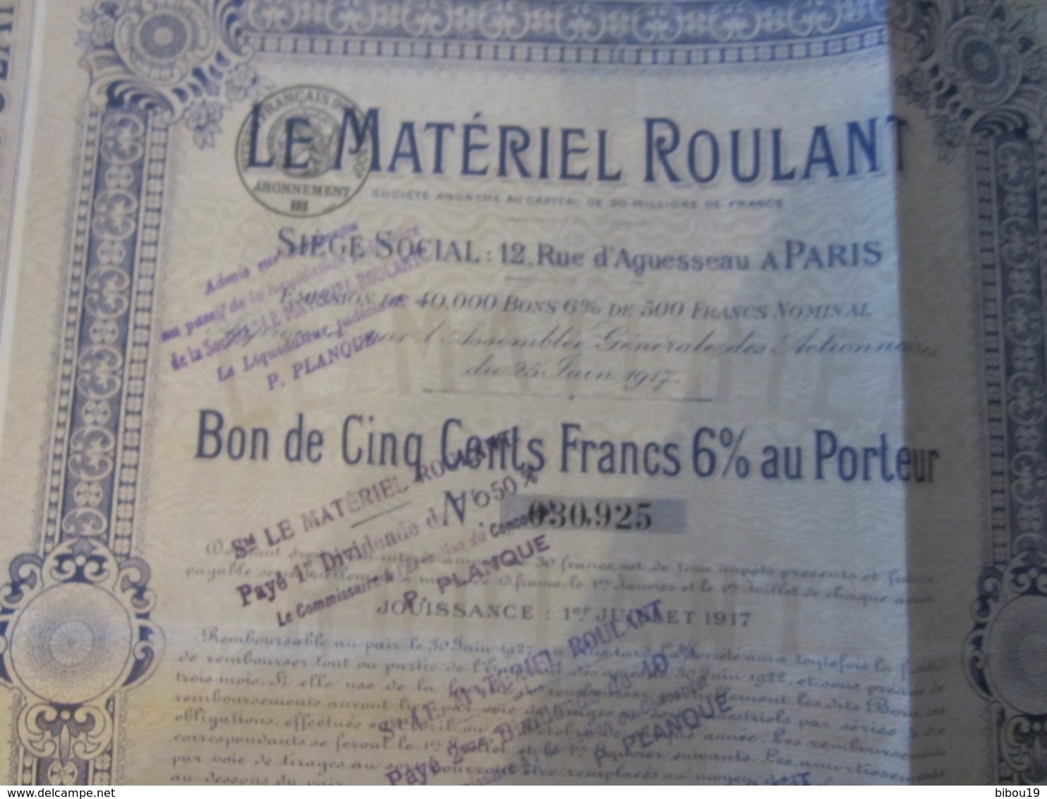 LE MATERIEL ROULANT BON DE 500 FRANCS 1917 - J - L