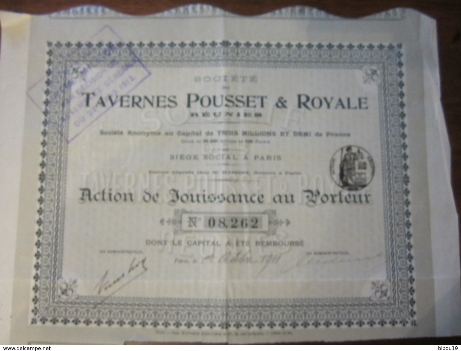 SOCIETE DES TAVERNES POUSSET ET ROYALE ACTION DE JOUISSANCE AU PORTEUR 1911 - S - V