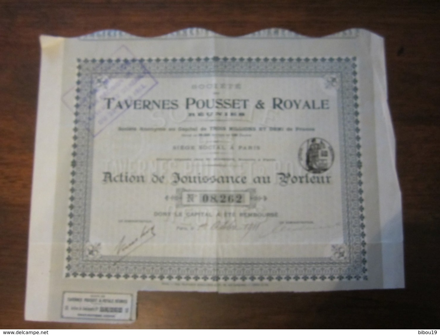 SOCIETE DES TAVERNES POUSSET ET ROYALE ACTION DE JOUISSANCE AU PORTEUR 1911 - S - V