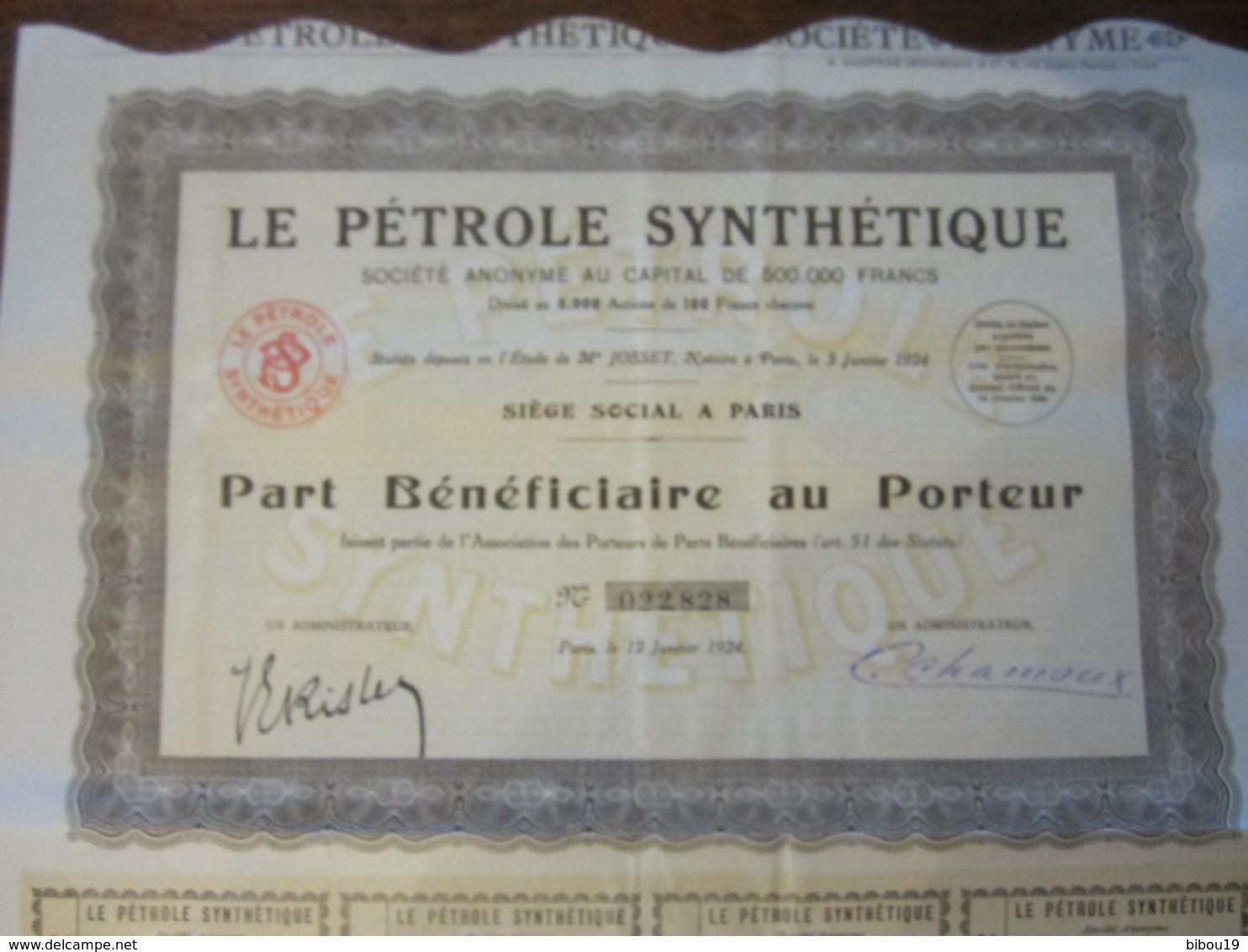 LE PETROLE SYNTHETIQUE PART BENEFICIAIRE  AU PORTEUR 1924 - P - R