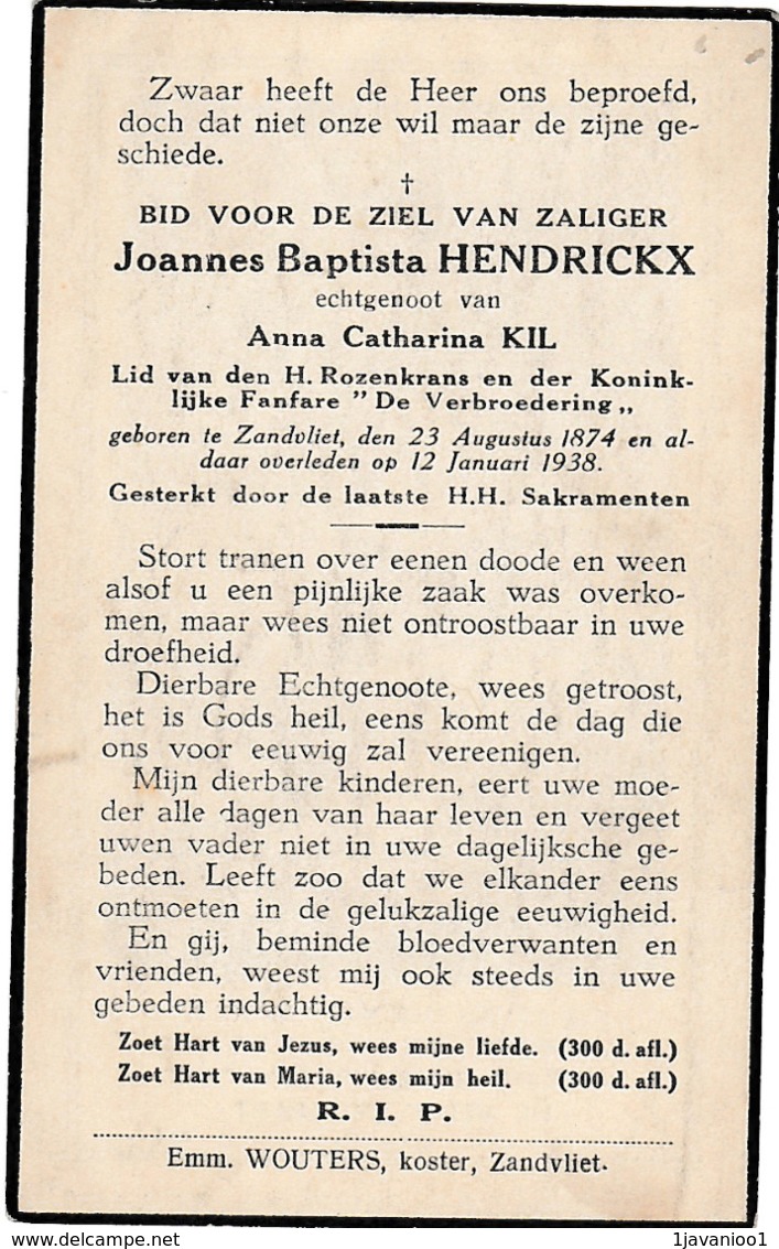 Zandvliet, 1938, Joannes Hendrickx, Kil - Images Religieuses