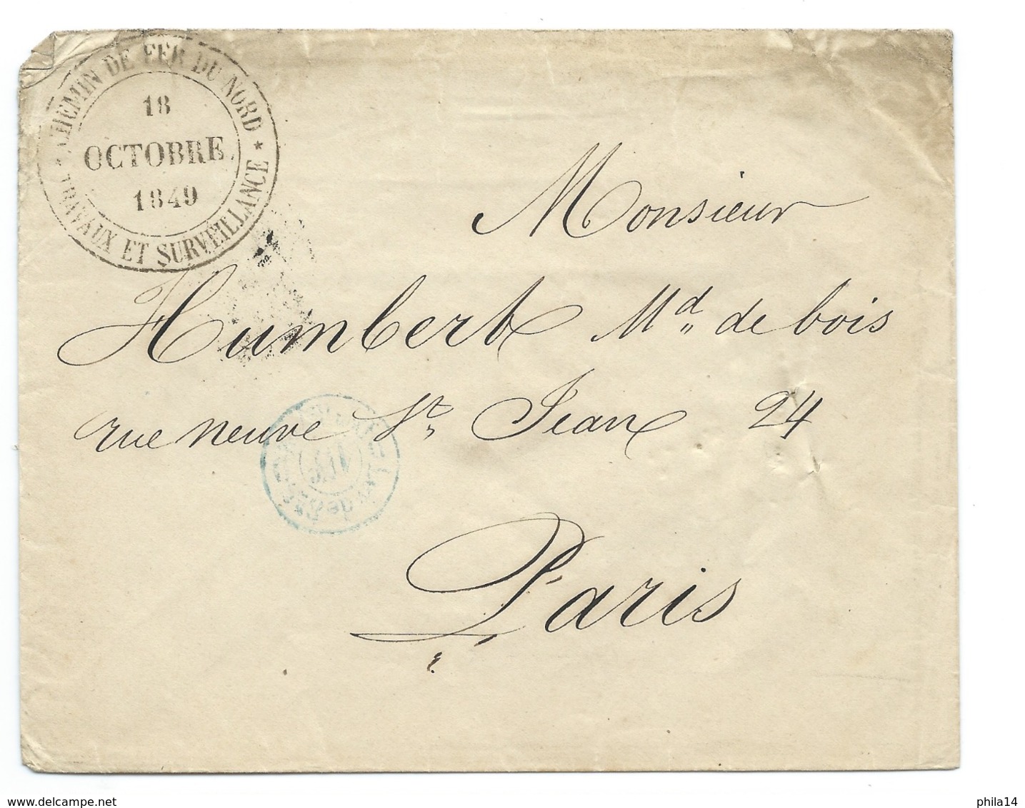 MARQUE POSTALE / PARIS 1849 POUR PARIS / CACHET DU CHEMIN DE FER DU NORD TRAVAUX ET SURVEILLANCE - 1849-1876: Période Classique