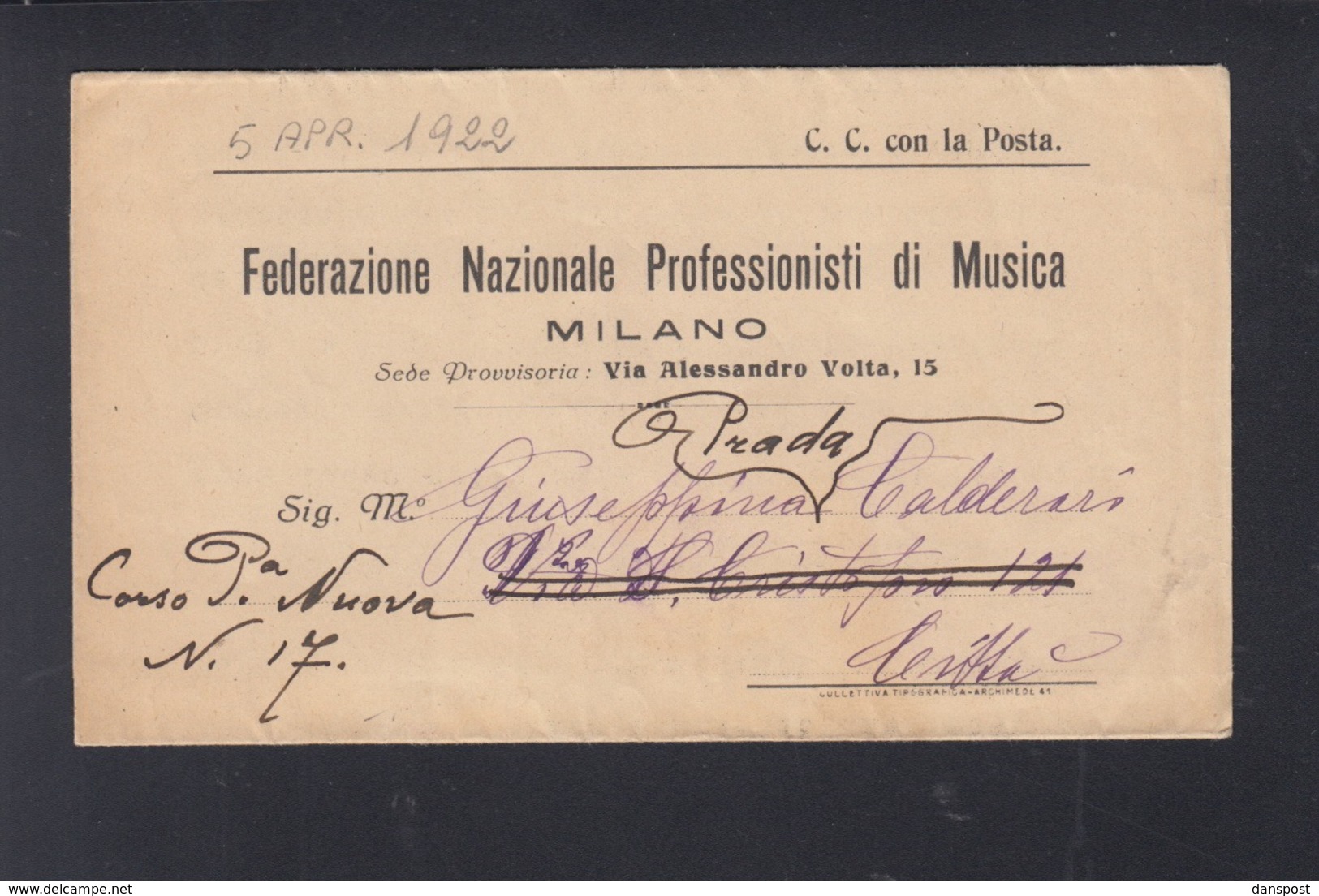 Italien Italia Lettera 1922 Federazione Professionisti Di Musica - Poststempel