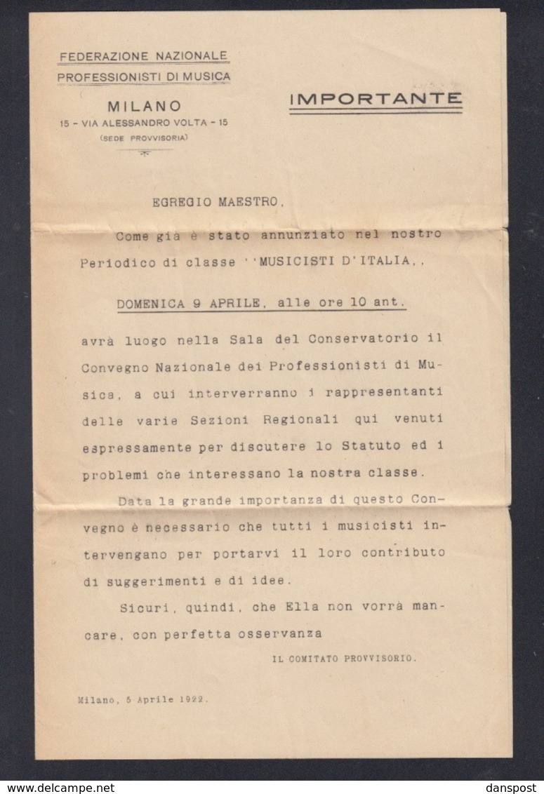 Italien Italia Lettera 1922 Federazione Professionisti Di Musica - Poststempel