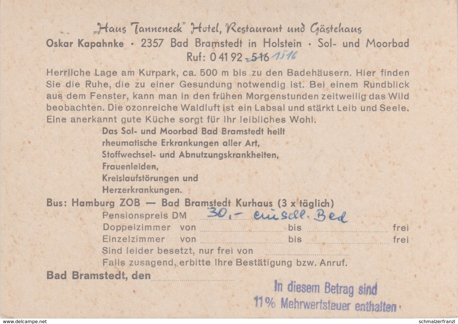 AK Bad Bramstedt Hotel Restaurant Haus Tanneneck Kurhaus A Hitzhusen Weddelbrook Lentföhrden Schmalfeld Fuhlendorf - Bad Bramstedt