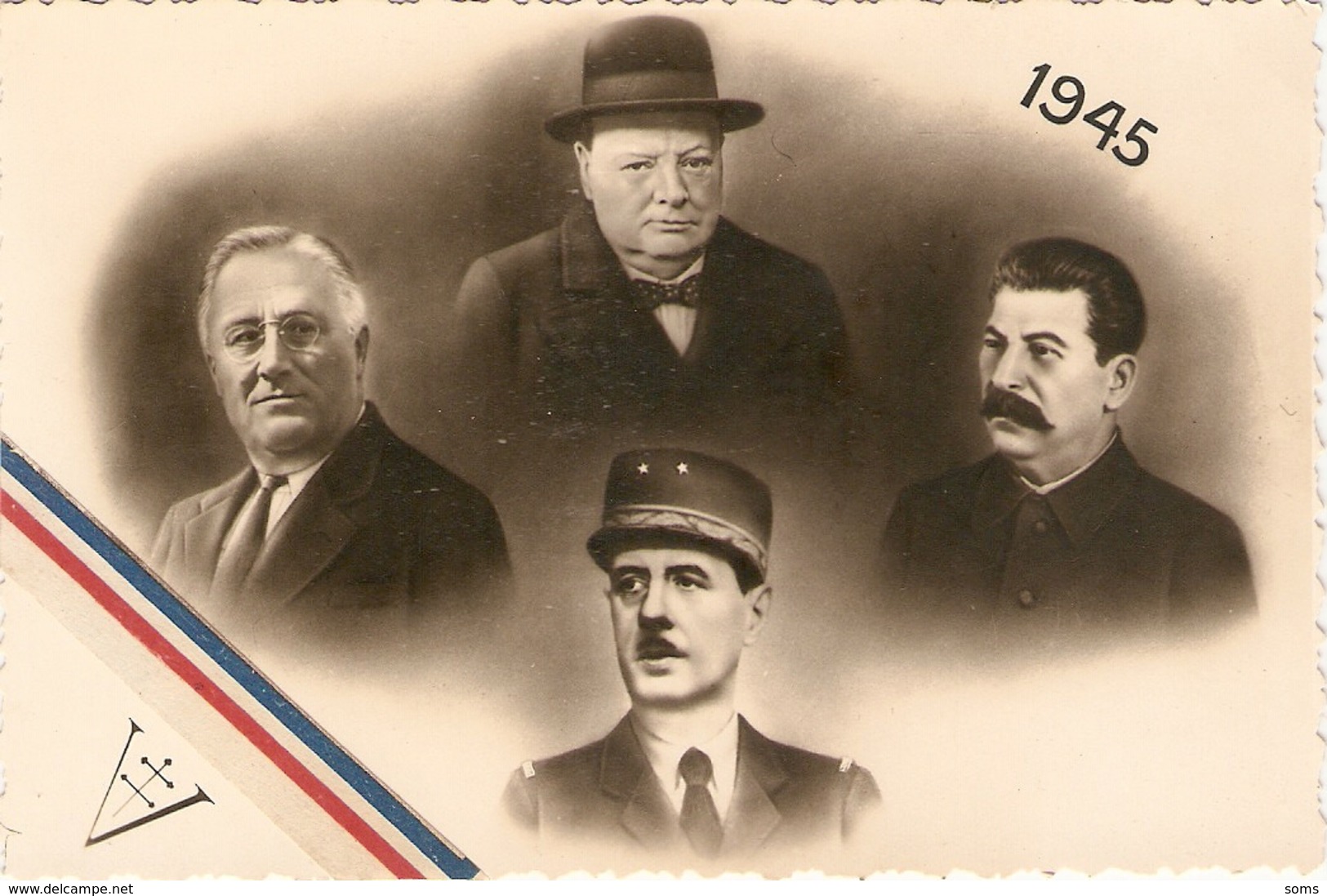 Photographie Ancienne De 39-45, Photomontage De 1945, Staline Churchill, Rossevelt Et De Gaulle, Croix De Lorraine - War, Military
