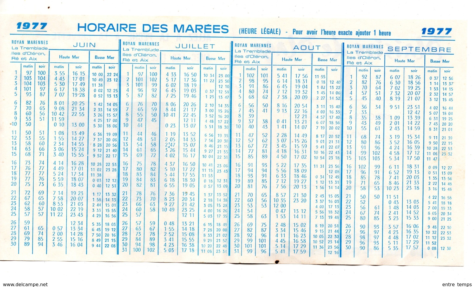 Oléron Domino Calendrier Marées 1977 Bazar  Plage - Publicités