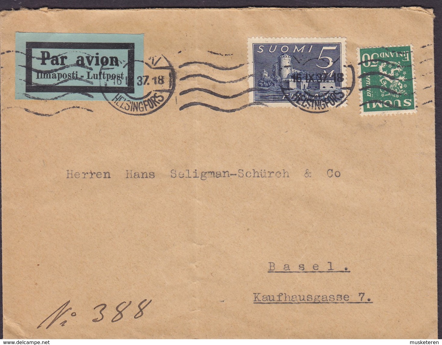 Finland PAR AVION Label FINLANDS STATSKONTOR, HELSINKI Helsingfors 1937 TMS Cds. 1937 Cover Brief BASEL Schweiz - Covers & Documents