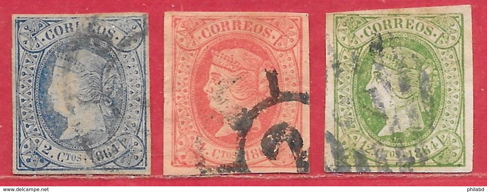 Espagne N°59 2c Bleu Sur Rose, N°60 4c Rouge Sur Saumon, N°61 12c Vert Sur Rose 1864 O - Oblitérés