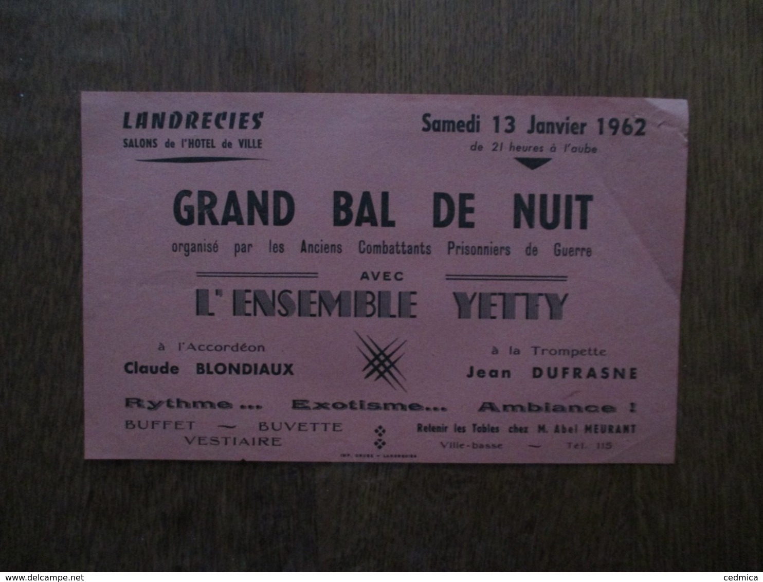 LANDRECIES 13 JANVIER 1962 GRAND BAL DE NUIT ORGANISE PAR LES ANCIENS COMBATTANTS PRISONNIERS DE GUERRE AVEC L'ENSEMBLE - Programme