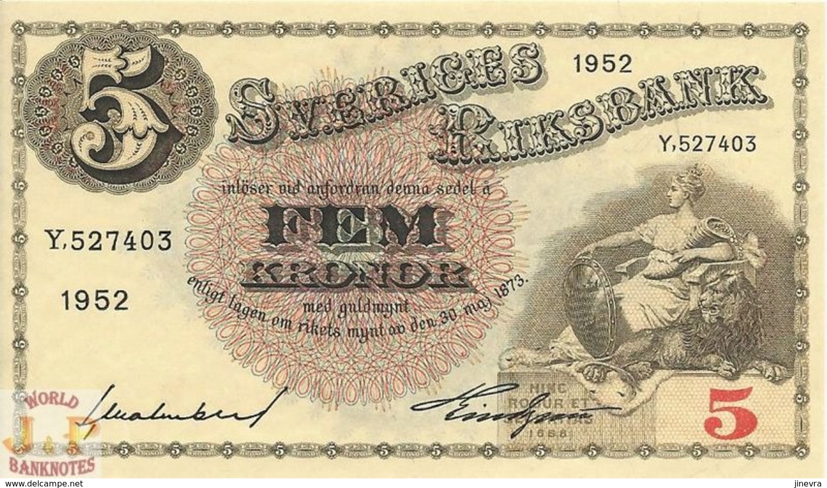 SWEDEN 5 KRONOR 1952 PICK 33aI UNC - Svezia