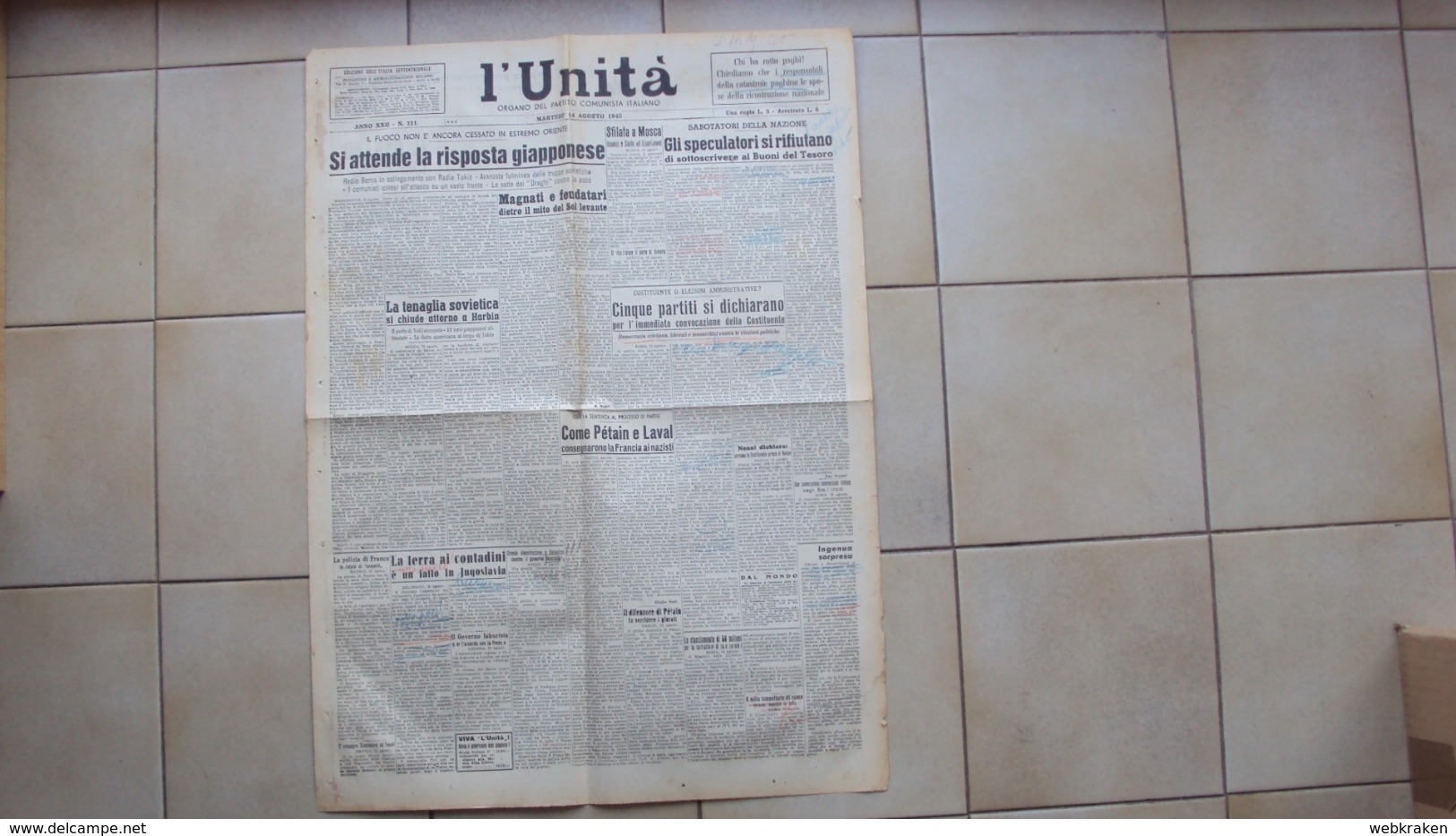 GIORNALE QUOTIDIANO L'UNITA' ORGANO DEL PARTITO COMUNISTA ITALIANO PCI DEL 14.08.1945 - Sonstige & Ohne Zuordnung