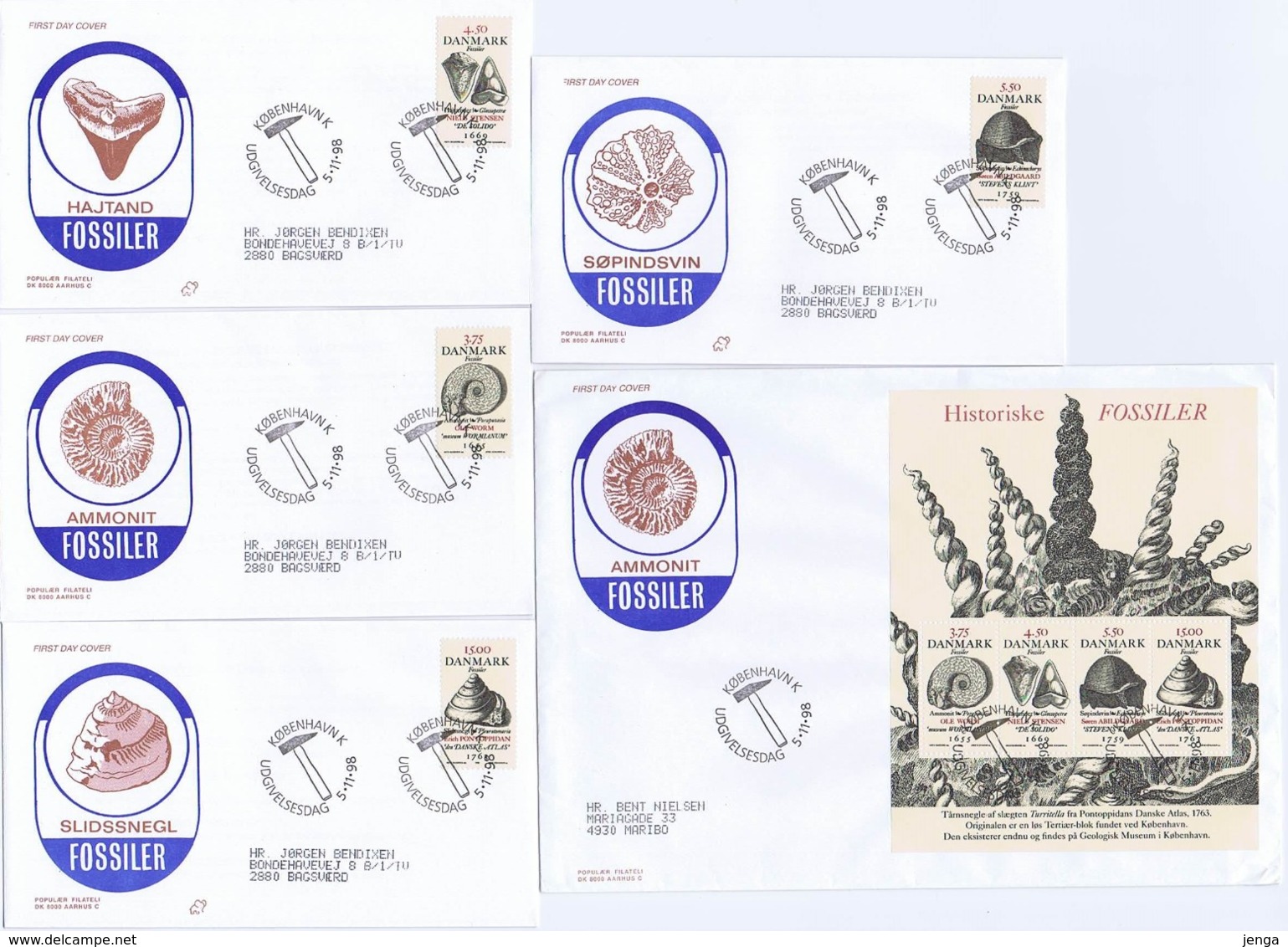 Denmark 1998;  Fossils.  Set Of 4 And Miniature Sheet On FDC (Populær Filateli). - FDC