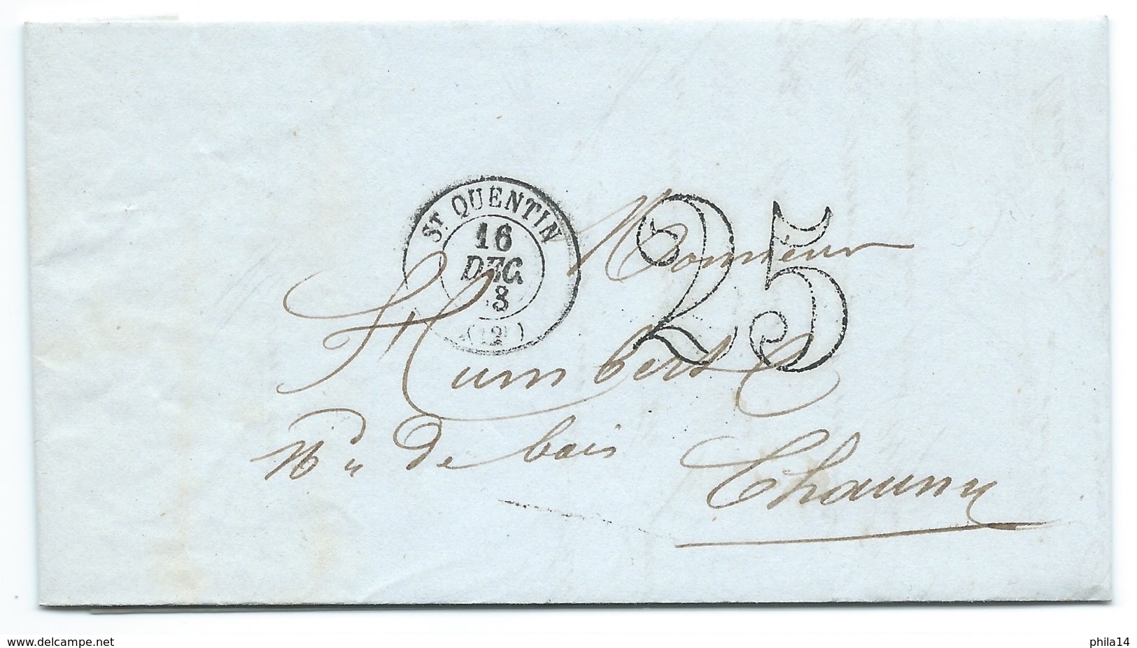 MARQUE POSTALE / ST QUENTIN AISNE 1853 POUR CHAUNY AISNE / TAXE 25 DOUBLE TRAIT / FACTURE A ENTETE MIROITERIE DUVAL - 1849-1876: Classic Period