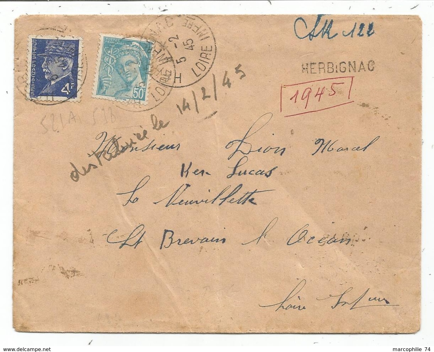 POCHE SAINT NAZAIRE PETAIN MERCURE LETTRE REC PROV HERBIGNAC 5.2.1945 COURRIER CIVIL RARE - 2. Weltkrieg 1939-1945