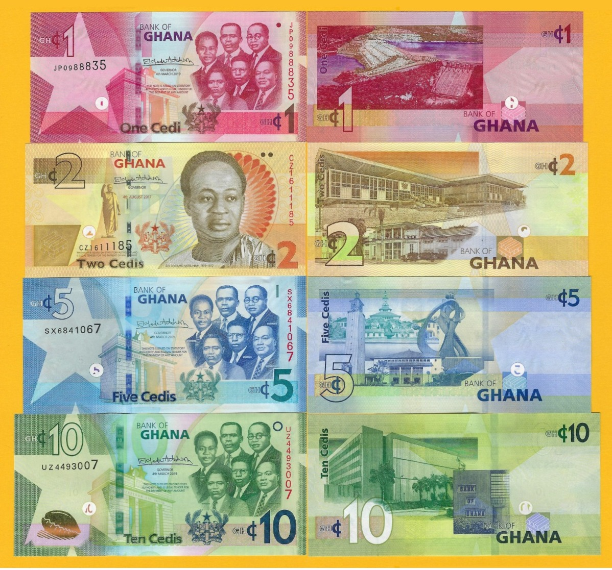 Ghana Set 1, 2, 5, 10 Cedis 2017-2019 UNC Banknotes - Ghana