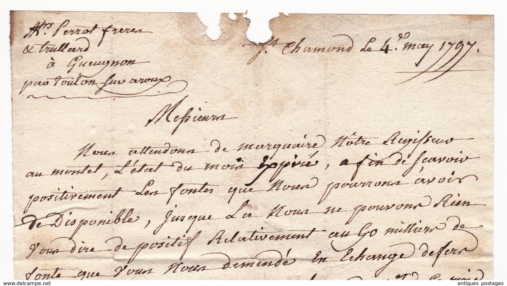 Lettre 1797 Saint Chamond Loire Gueugnon Saône Et Loire Perrot Frères Trullart Maître Des Forges - 1701-1800: Précurseurs XVIII