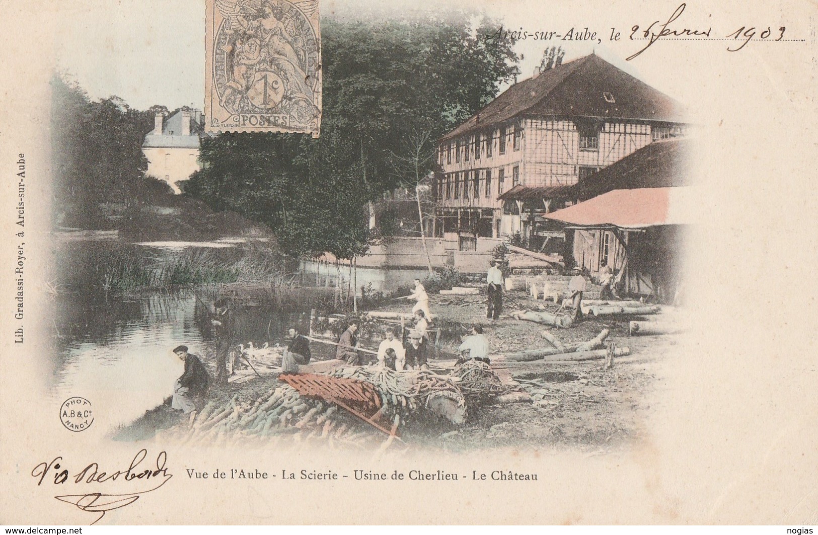 ARCIS SUR AUBE - LA SCIERIE - USINE DE CHERLIEU - LE CHATEAU - TRES BELLE CARTE PRECURSEUR COLORISEE , TRES ANIMEE - 2 - Arcis Sur Aube