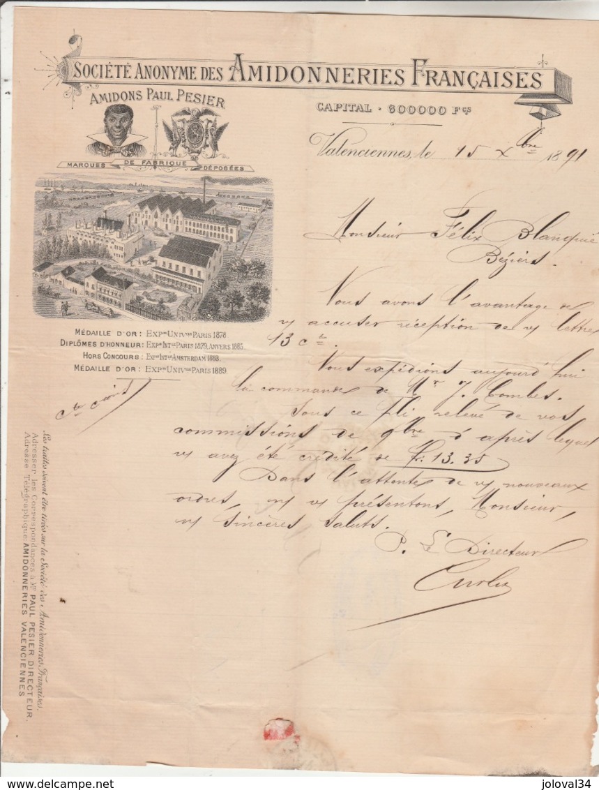 Lettre Facture Illustrée 24/12/1891 SA Les Amidonneries Françaises Amidon Paul PESIER VALENCIENNES Nord - Timbre Sage - 1800 – 1899