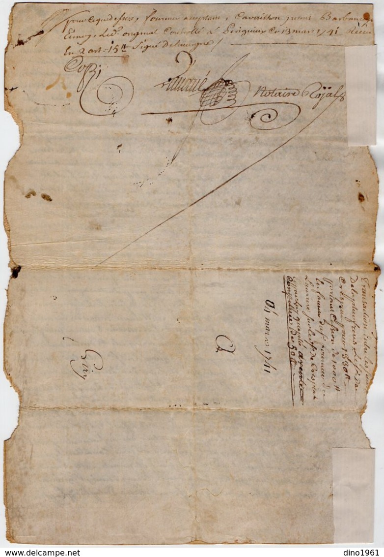 VP16.014 -  PERIGUEUX - Cachet Généralité De BORDEAUX - Acte De 1741 - Transaction Entre LAPLUE & CRESPIAT à CENDRIEUX - Algemene Zegels