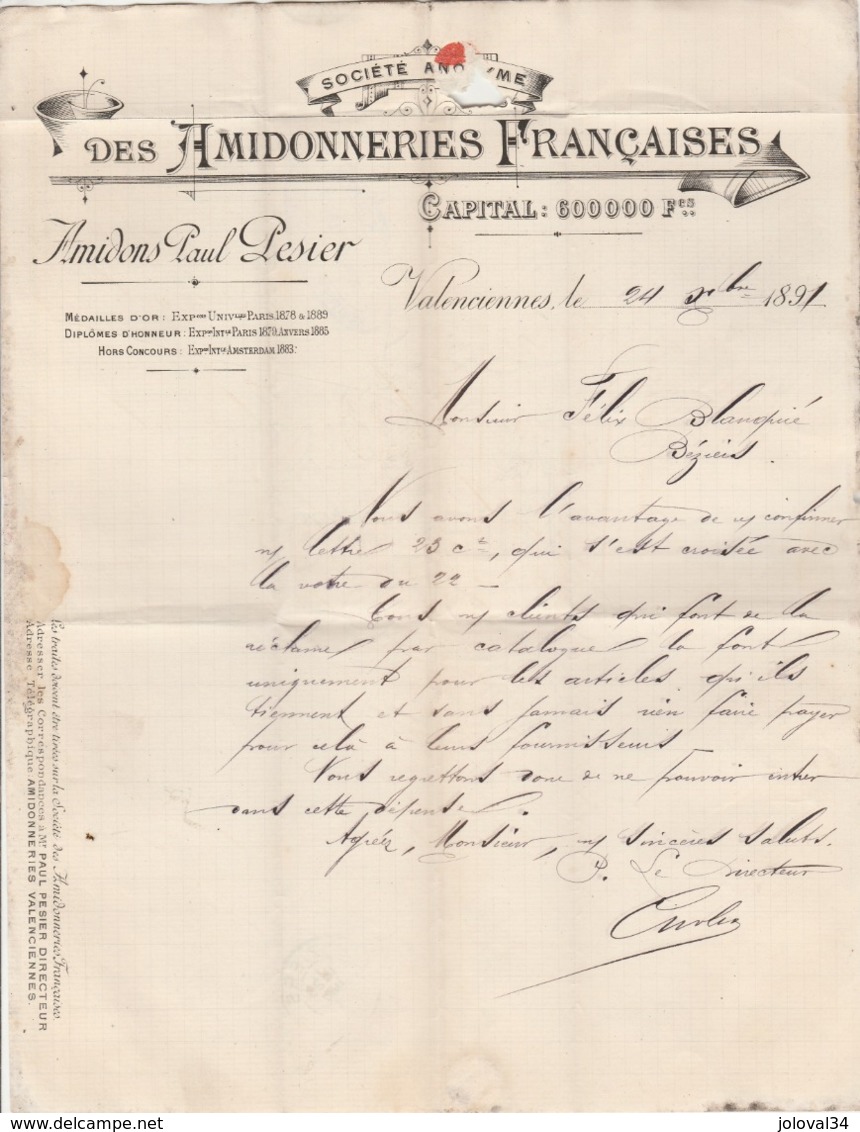 Lettre Facture  24/12/1891 SA Les Amidonneries Françaises Amidon Paul PESIER VALENCIENNES Nord - Timbre Sage - 1800 – 1899