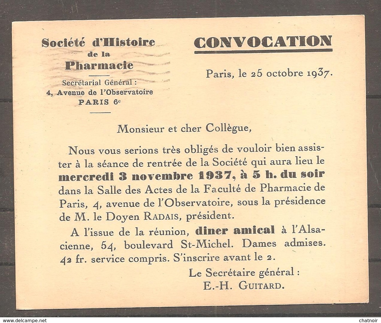 Carton De La Societe D Histoire De La Pharmacie  Paris   20c Semeuse  Oblit TOULOUSE   PP     1937 - Autres & Non Classés