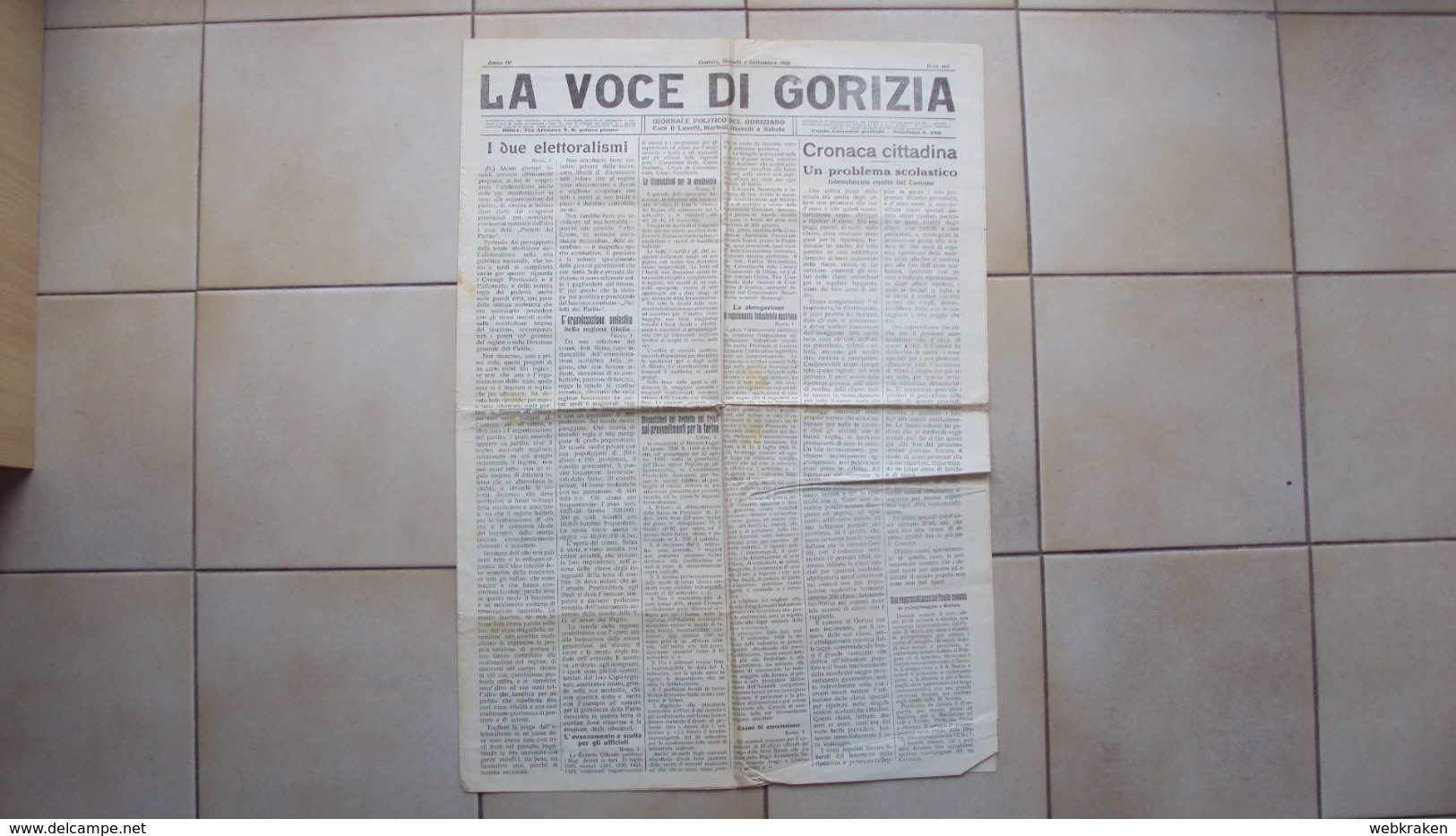 VENEZIA GIULIA GIORNALE QUOTIDIANO LA VOCE DI GORIZIA NUMERO DEL 02.09.1926 - Sonstige & Ohne Zuordnung