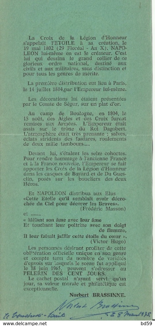 BELGIQUE WATERLOO Célébration De La Légion D'honneur Texte Recto-verso à Lire - Napoléon