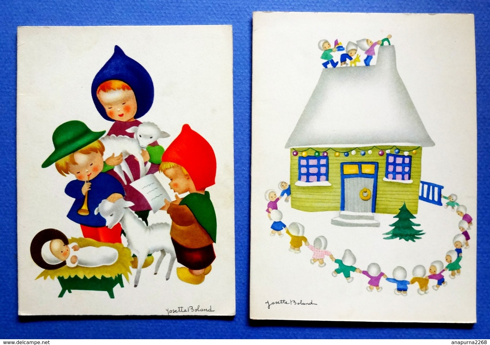 2 CARTES POSTALES..NOEL..  ANCIENNES..... .ILLUSTRATEUR  JOSETTE BOLAND.....CRÈCHE....CADEAUX DANS LA CHEMINÉE - Autres & Non Classés