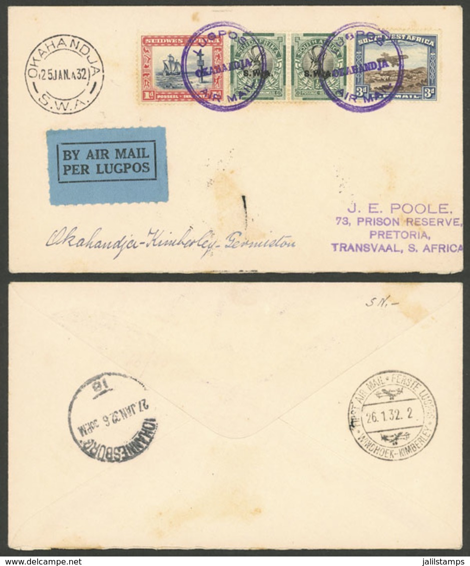 SOUTH WEST AFRICA: 25/JA/1932 Okahandja - Kimberley, First Flight, Cover With Destination Transvaal, VF Quality! - África Del Sudoeste (1923-1990)