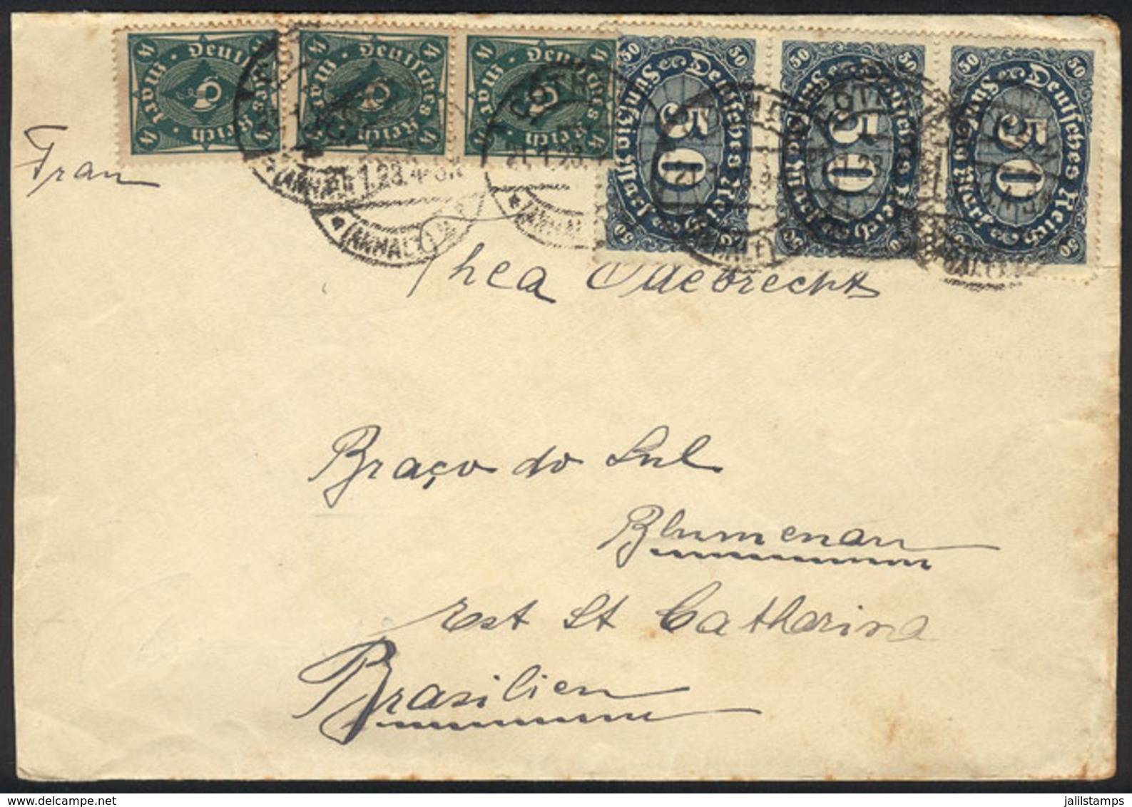 GERMANY: INFLA Cover Sent From Cothen To Brazil On 21/JA/1923 Franked With 162Mk., VF Quality! - Préphilatélie