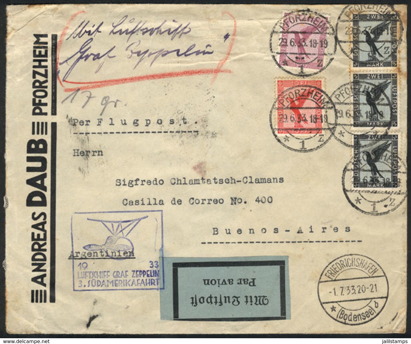 GERMANY: 29/JUN/1933 Pforzheim - Buenos Aires, By Zeppelin: Cover Franked With 6.25RM., Dispatched In The 3rd Flight To  - Préphilatélie