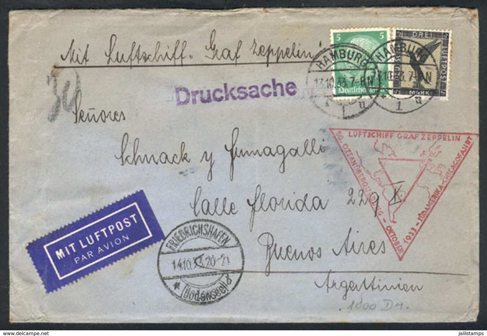 GERMANY: 13/OC/1933 Hamburg - Buenos Aires: Cover With PRINTED MATTER Flown By Zeppelin, Franked With 3.05Mk., With Tria - Prefilatelia