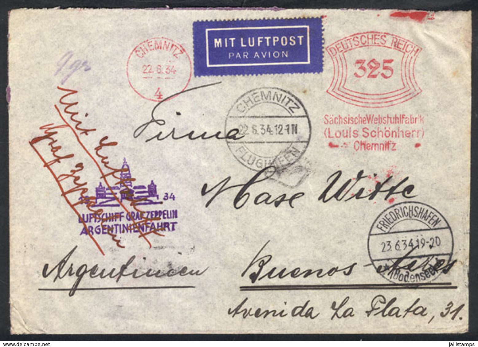 GERMANY: 22/JUN/1934 Chemnitz - Argentina: Cover With Meter Postage Flown By Zeppelin To Buenos Aires (arrival Backstamp - Vorphilatelie