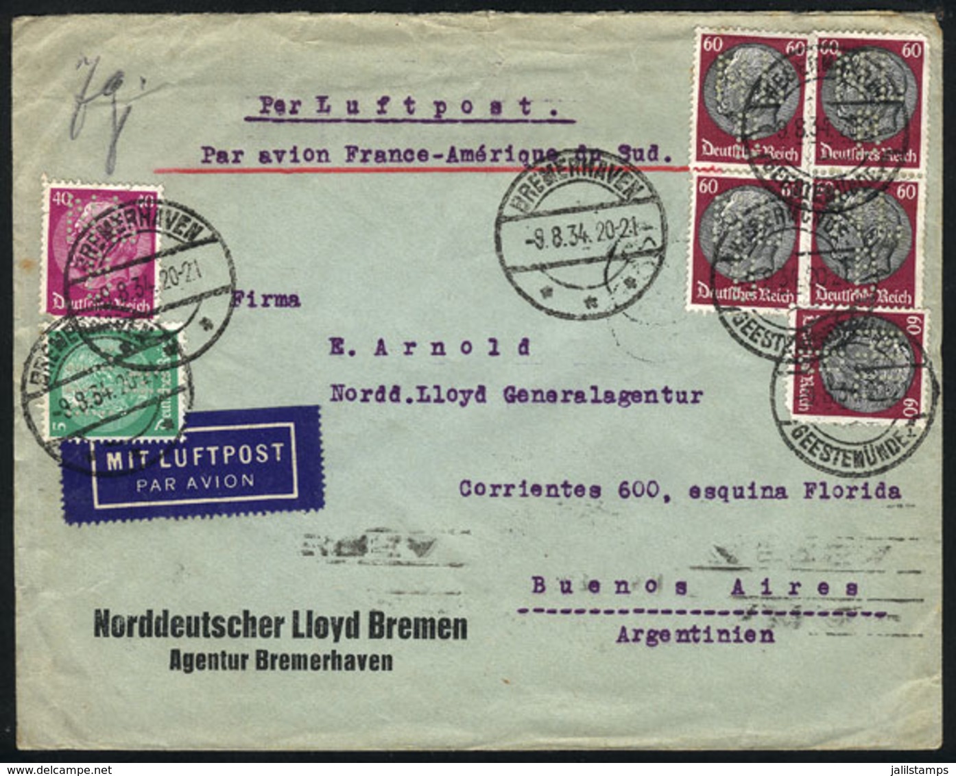 GERMANY: Airmail Cover Sent By Air France From Bremerhaven To Argentina On 9/AU/1934 Franked With 3.45Mk., All The Stamp - [Voorlopers