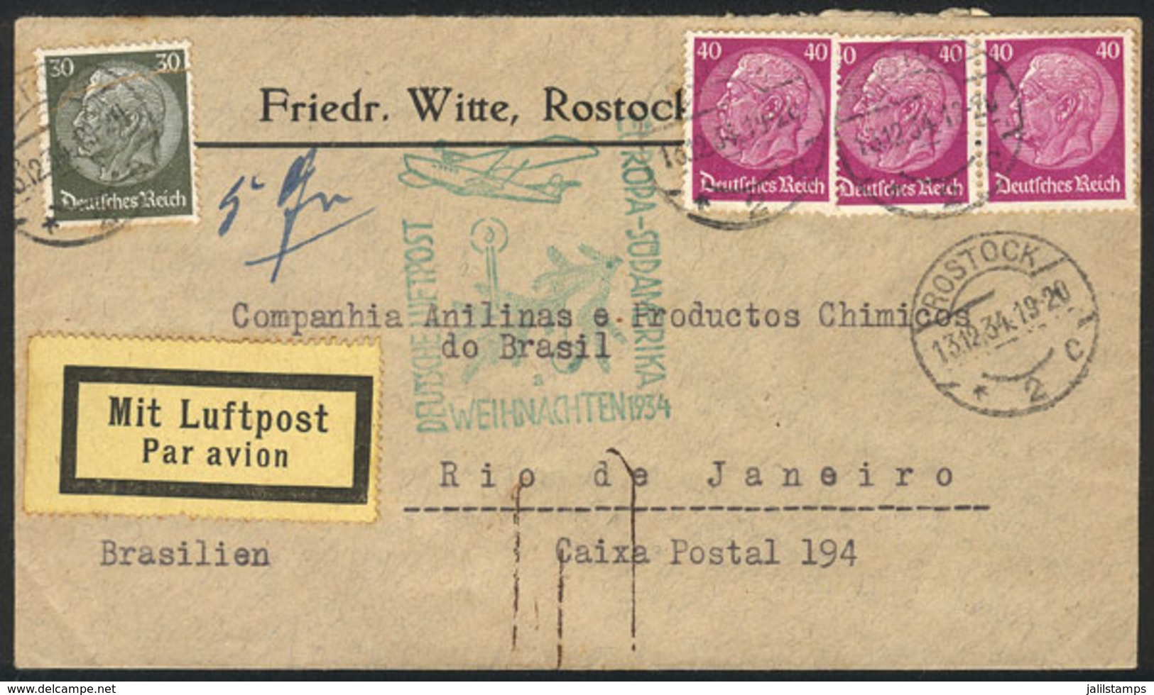 GERMANY: Cover Flown Via ZEPPELIN, Posted From Rostock To Rio De Janeiro On 13/DE/1934, Christmas Flight, VF! - Prefilatelia