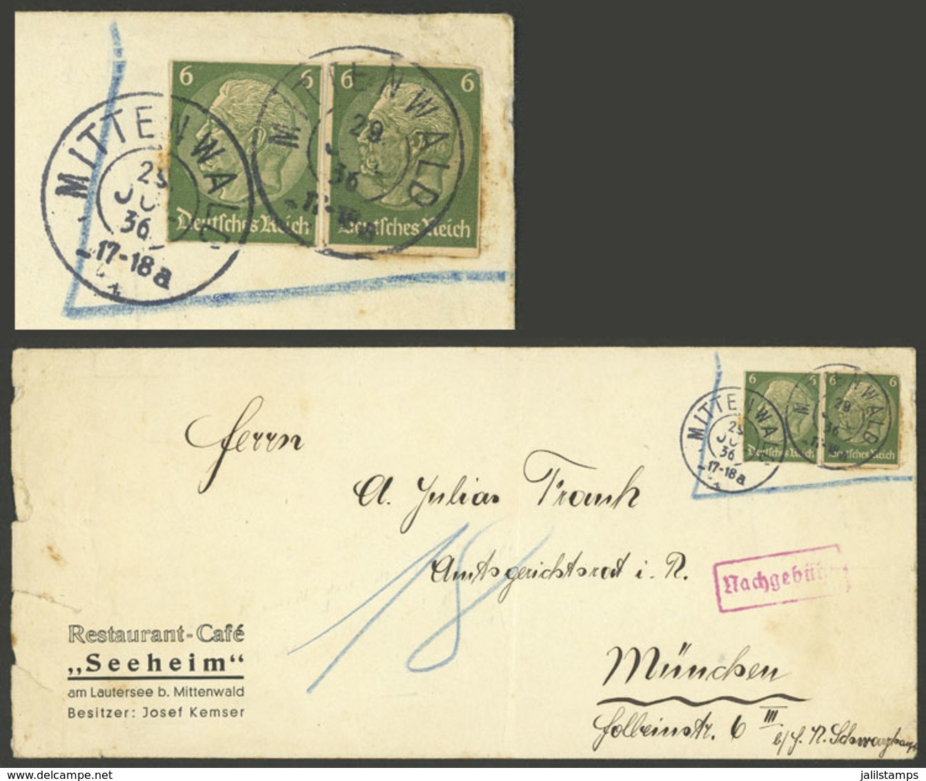 GERMANY: Cover Sent From Mittenwald To München On 29/JUL/1936, Franked With 12Pf. Consisting Of 2 Cut Squares Of 6Pf., I - Prefilatelia